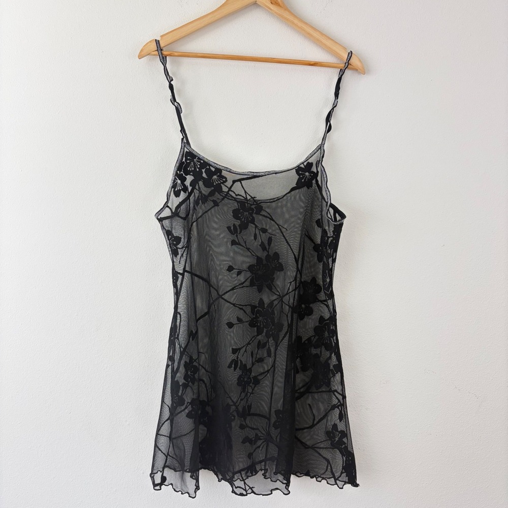 Vintage Whimsigoth Sheer Black Floral Mesh Slip Dress Fairycore Lettuce Edge Hem